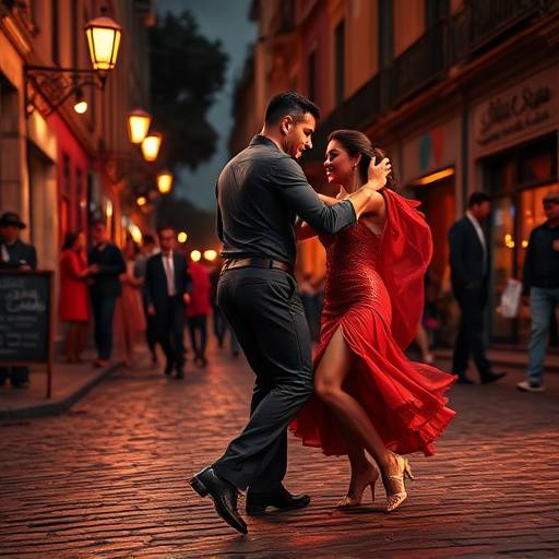 Artistas bailando tango apasionadamente en una calle empedrada de Buenos Aires.
