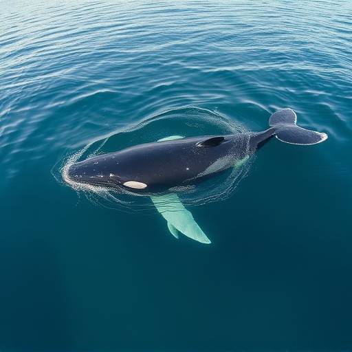 Ballena franca austral emergiendo parcialmente de las aguas azules de la Pen&radic;&ne;nsula Vald&radic;&copy;s, con cr&radic;&ne;as nadando cerca.