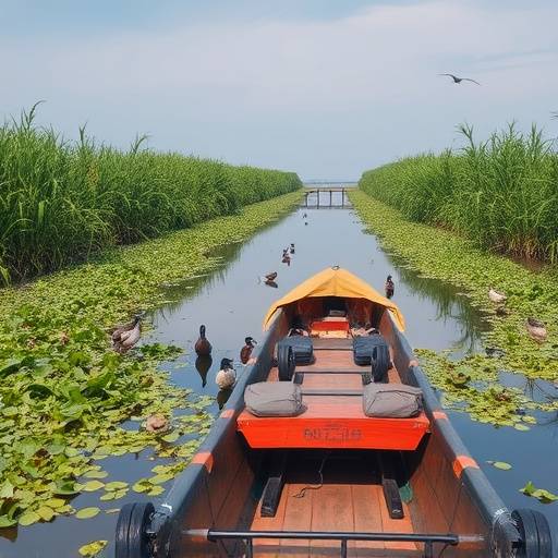 Barco navegando lentamente por un canal de agua serena en los Esteros del Iber&radic;&deg;, con vegetaci&radic;&ge;n flotante y aves acu&radic;&deg;ticas.