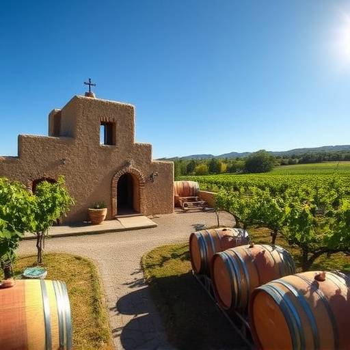 Bodega tradicional con arquitectura de adobe y barriles de roble apilados, rodeada de vides verdes bajo el sol mendocino.
