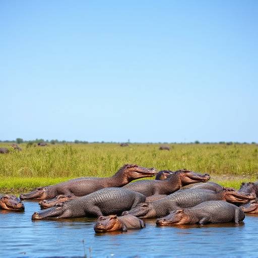 Capibaras y caimanes asomando entre la vegetaci&radic;&ge;n exuberante de los Esteros del Iber&radic;&deg; bajo un cielo azul.