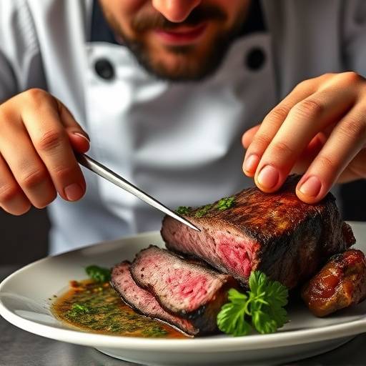Chef argentino emplatando un jugoso asado de costillas con chimichurri