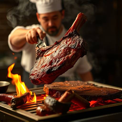 Chef asador experto volteando un costillar de ternera en una parrilla tradicional, con brasas intensas y humo fragante.