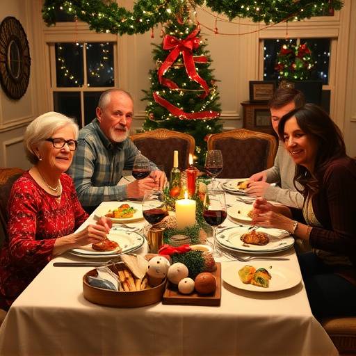 Familia reunida alrededor de una mesa para una celebraci&radic;&ge;n de Navidad con vitel ton&radic;&copy;