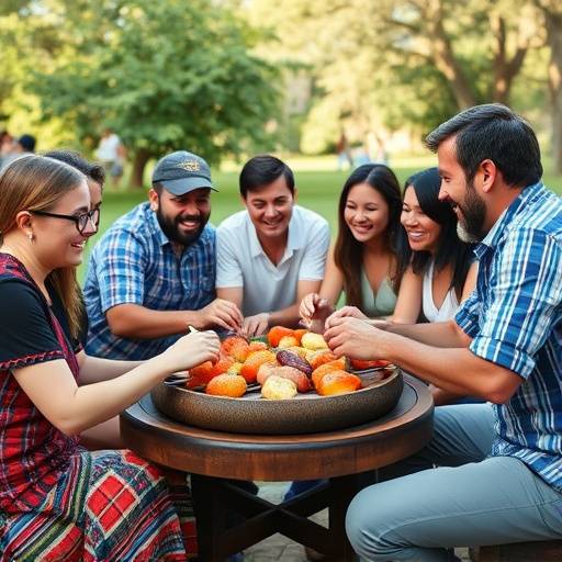 Grupo de personas compartiendo y riendo alrededor de un gran asado tradicional argentino con brasas humeantes.