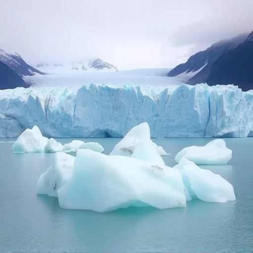 Majestuoso glaciar Perito Moreno con t&radic;&copy;mpanos de hielo flotando en el agua azul del lago Argentino.