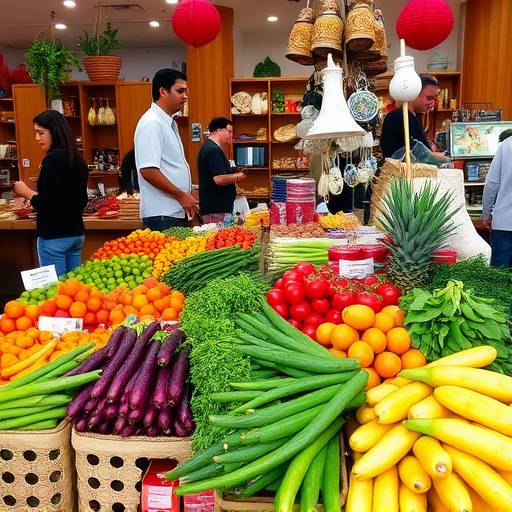 Mercado local con puestos de frutas, verduras y artesan&radic;&ne;as argentinas