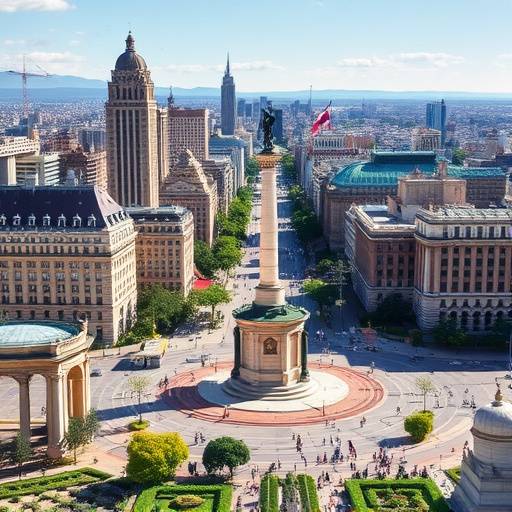 Paisaje urbano de Buenos Aires con arquitectura europea y el Obelisco en el centro.