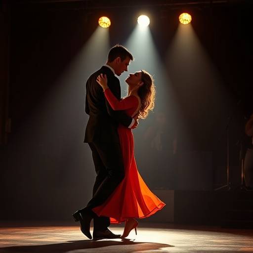 Pareja bailando tango apasionadamente en un escenario iluminado