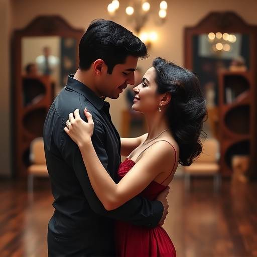 Pareja bailando tango con miradas intensas, uno frente al otro, en un sal&radic;&ge;n de baile con suelo de madera y espejos.