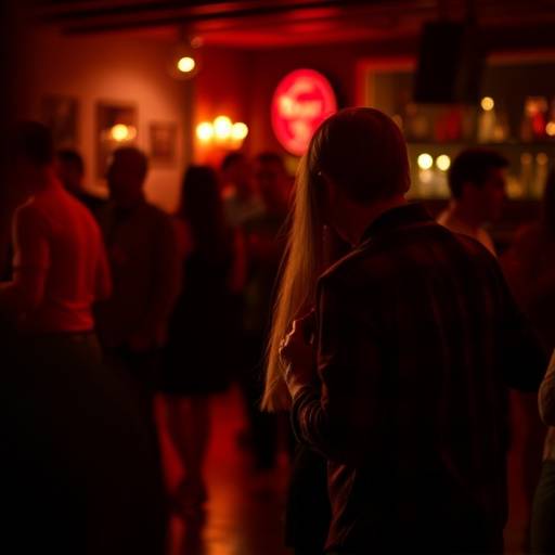 Persona aprendiendo a bailar tango apasionadamente en una milonga iluminada por luces tenues en Buenos Aires.
