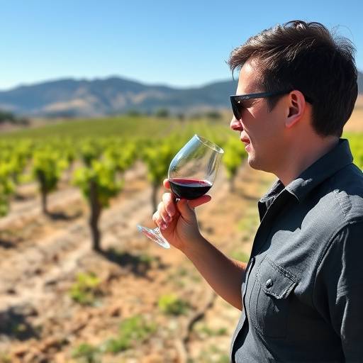 Persona disfrutando de una cata de vinos Malbec en un vi&radic;&plusmn;edo soleado de Mendoza con monta&radic;&plusmn;as al fondo.
