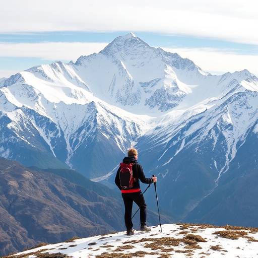 Persona haciendo trekking en la imponente Cordillera de los Andes con picos nevados al fondo.