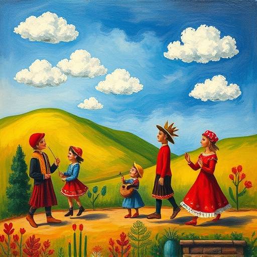 Pintura de Antonio Berni con colores vivos y figuras representativas del pueblo