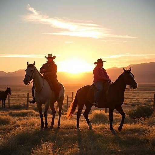 Un grupo de gauchos a caballo en una estancia patag&radic;&ge;nica durante el atardecer.