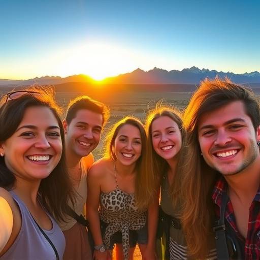 Un grupo diverso de personas sonriendo, disfrutando de un paisaje argentino al amanecer, representando la calidez y la aventura.