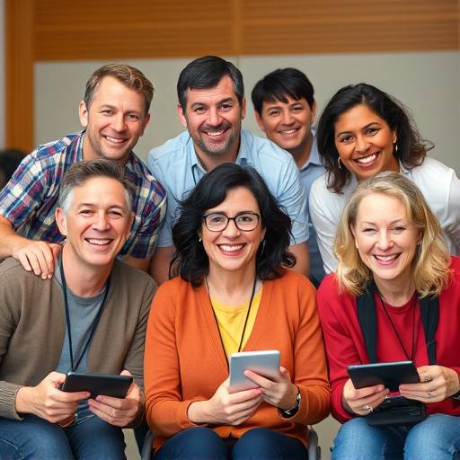 Un grupo diverso de personas sonriendo mientras usan dispositivos tecnol&radic;&ge;gicos accesibles.