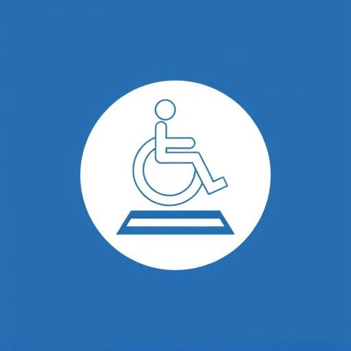 Un s&radic;&ne;mbolo universal de accesibilidad junto a una rampa para sillas de ruedas.