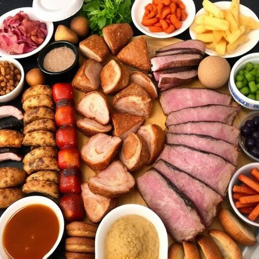 Una mesa servida con una parrillada argentina completa, incluyendo diferentes cortes de carne y acompa&radic;&plusmn;amientos.