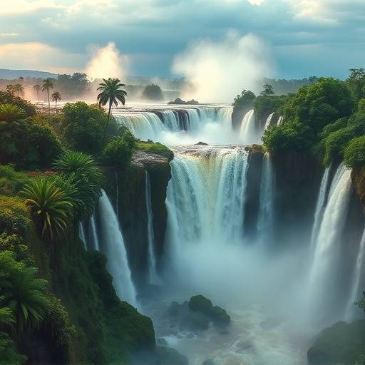 Vista panor&radic;&deg;mica de las imponentes Cataratas del Iguaz&radic;&ordm; con exuberante vegetaci&radic;&ge;n tropical.
